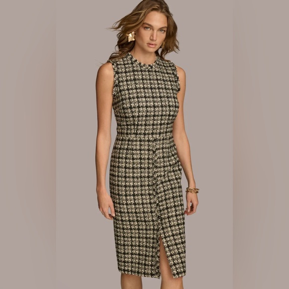 Donna Karan Houndstooth Metallic Tweed Crew Neck Sleeveless Sheath Dress - Picture 3 of 7